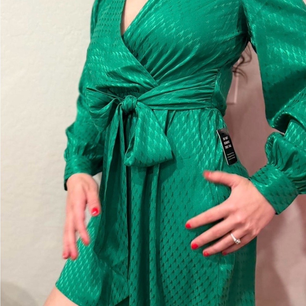 Express Emerald Green Long Sleeve Wrap Dress with Tie